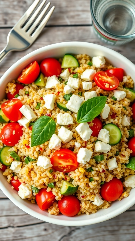 A vibrant Mediterranean quinoa salad with tomatoes, cucumber, parsley, and feta cheese on a wooden table.